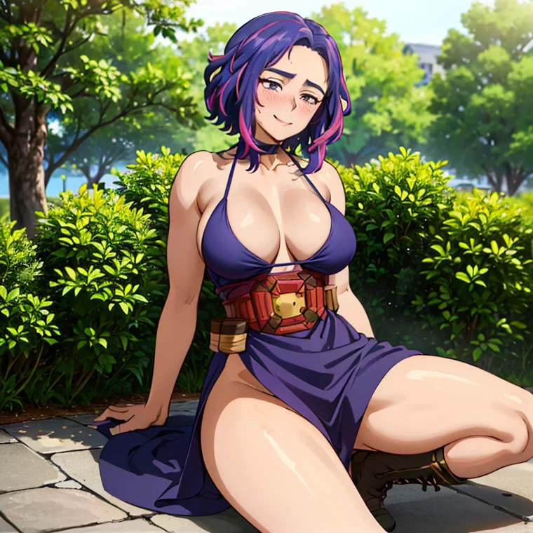 1girl, alone, lady nagant,(best quality, ultra detailed), ((full-face blush)), (detailed background:1.2), (perfect face, detailed face), looking at viewer, (mature female:1.4), smile lady_nagant, large breasts, short hair, sleeveless, streaked hair, bare shoulders, medium hair, belt, dress, purple hair,multicolored hair ,boots (garden, outdoors, sitting), perfect hands, perfect anatomy ((en bikini de color blanco "se resalte  las tetas" y  toda mojada)), *(("cara de excitada sacando la lengua" ))* (("en bikini ")) ((las piernas abiertas a en pose sexy en bikini))(( "sin falda" )) (("mostrando las bragas")) ((pose sexy mostrando sus  atributos)) ((las piernas abiertas viendo para la cámara mostrando  bragas)), ((cara sexy sacando la lengua ))