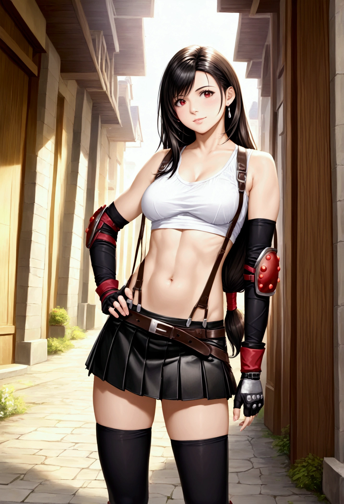(score_9,score_8_up,score_7_up), masterpiece, best quality,
newest, recent, perfect anatomy,
official art, best perspective, depth of field,,((UHD,photorealistic)),
very aesthetic, illustration, perfect composition,, ,from above,,top angle,,contrapost pose,(upperbody) ,,straight-on,Solo,1girl, tifa lockhart, final fantasy,black hair, low-tied long hair, red eyes, bangs, (white tank top,gap),High exposure,Belly exposure,the ribs,(belt, pleated skirt, thighhighs, elbow fingerless gloves, elbow pads, midriff, navel,suspenders.skirt),beautiful waist ,(large_breast:1.3),light smile,,hand on own hip,daytime,outdoor,,