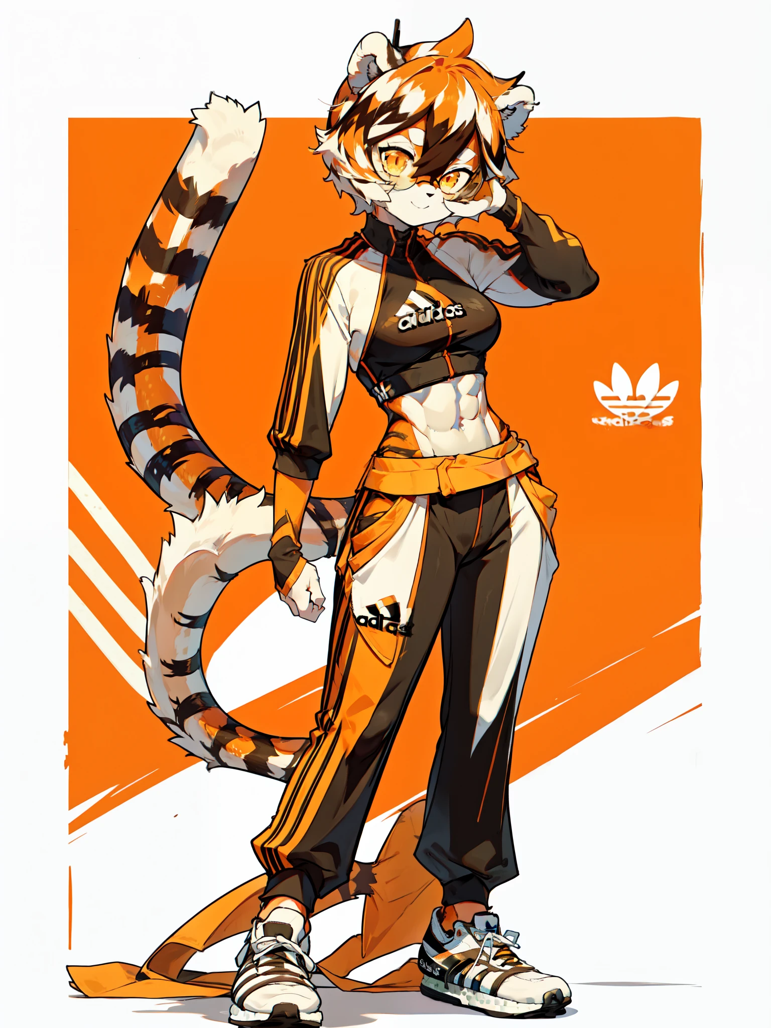 white background, full body,1girl,solo, Standing, animal ears, white hair, black hair, short hair, large breasts, Abdominal muscles,, tail, orange eyes, orange hair, multicolored hair, tiger girl, hair between eyes, tiger_ears, tiger_tail, orange-tinted_eyewear, tinted_eyewear, big breasts, evil smile, Shadows under feet, (((Adidas outfit:1.2))),