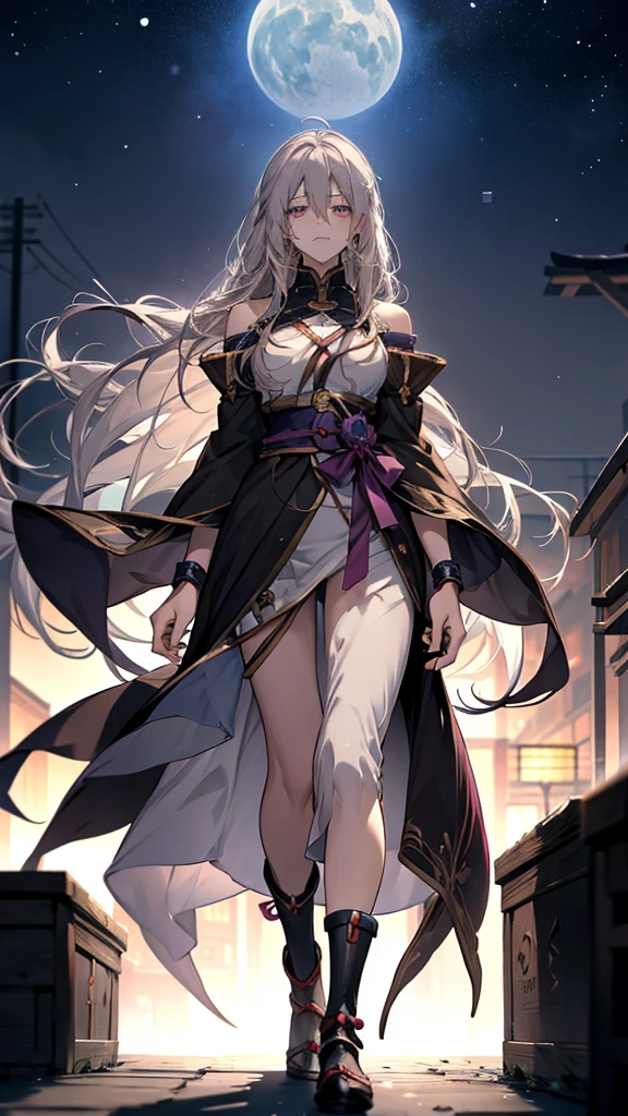 Anime Girls with long white hair and purple eyes standing in chains, Cute girl anime visuals, Gray-haired少女, blonde Anime Girls with long hair, Gray-haired deity, perfect Gray-haired girl, Young woman anime visual, (Anime Girls), Gray-haired, Gap Moe Yandere Grimdark, Hajime Yatate, anime style like fate/Stay Night