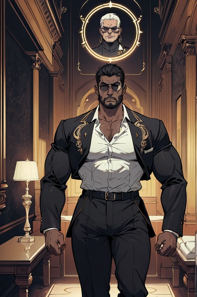 ((full body)),(angry),obra de arte:1.2, melhor qualidade, ultra detalhado,  absurdos, Marcus "Juggernaut" Johnson:
Physical Description: Gigantic, bulky muscles, tribal tattoos.
Personality: Gentle, loyal, and protective, bodyguard of an important figure.
Clothing: Tailored black suit, white shirt, sunglasses.
Setting: Luxurious mansion of a magnate, with guards at every corner.
Photography: Soft lighting highlighting the opulence of the mansion, contrasting with Juggernaut's imposing figure.  (retrato), cruzado, armadura elegante, (cocar elegante sobre capuz), Rei leproso, no estilo de Kentaro Miura, pele azul, (rosto desfigurado), partially cursed face, 1 mulher, fantasia, SCI-FI, Serious Expression, muscular, (Androgynous facial features), 