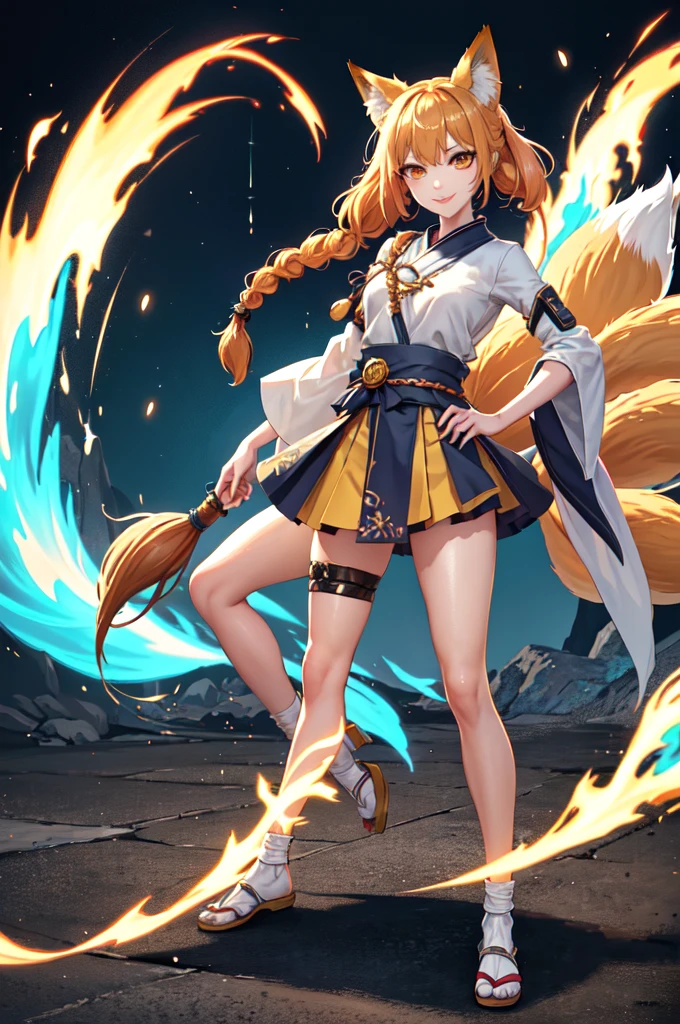 seketch art style,arhi , league of legends champion,masterpiece, best quality, IncrsAhri, braid, fox tail, multiple tails, korean clothes, skirt, (EnergyVeins:1.4), glowing, energy, energy ball, stance, evil smile,