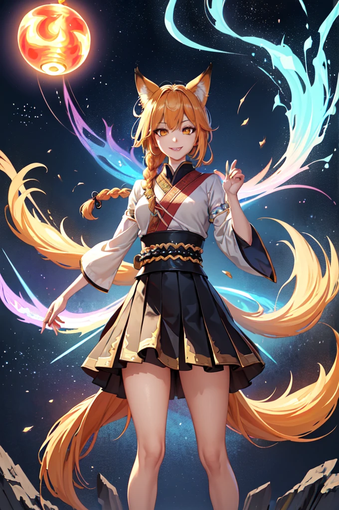 seketch art style,arhi , league of legends champion,masterpiece, best quality, IncrsAhri, braid, fox tail, multiple tails, korean clothes, skirt, (EnergyVeins:1.4), glowing, energy, energy ball, stance, evil smile,