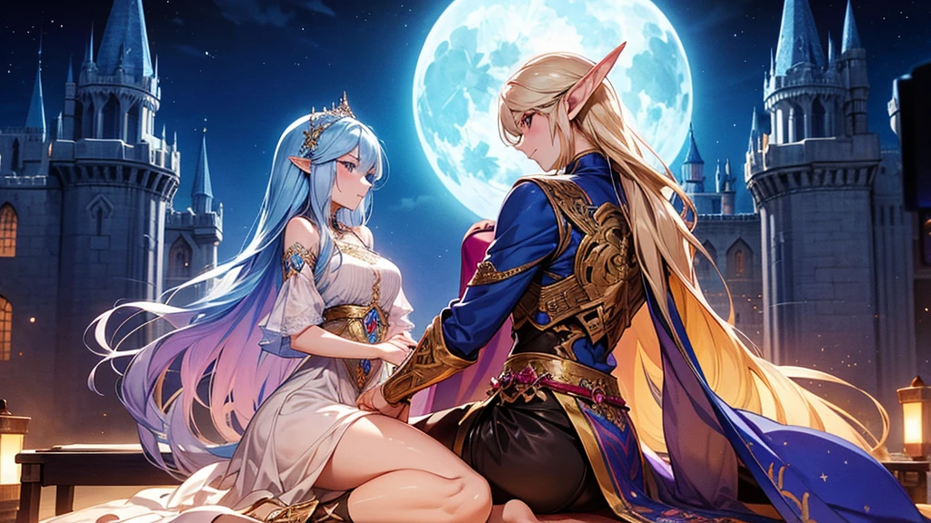 Arabic style portrait of a woman sitting on a bench in front of a castle, night、full moon、Elven women are less revealing、neon、Beautiful fantasy anime, Detailed fantasy digital animation, Fantasy anime style, epic Fantasy anime style hd, Detailed fantasy anime, Beautiful and elegant elven queen, 2. 5d cgi anime fantasy artwork, Epic fantasy digital art style, Fantasy-style anime, Very beautiful fantasy art、16:9