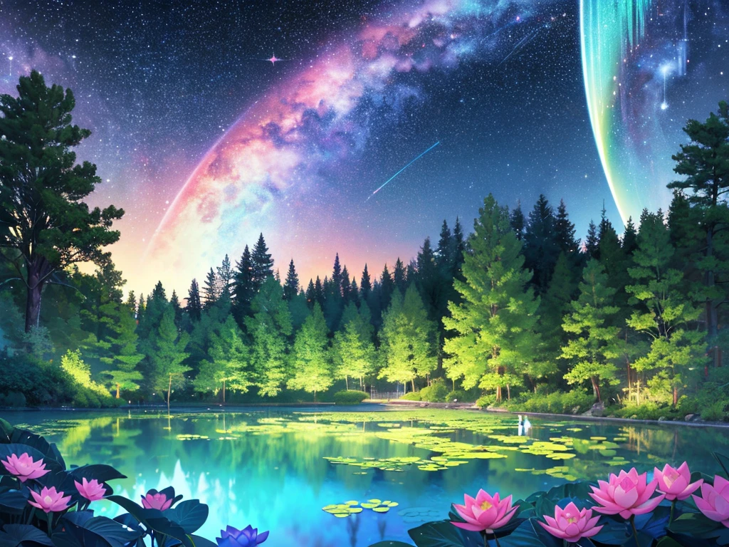 A mystical grove, with luminous blue and white lotuses, iridescent aqua and seafoam green butterflies, beautiful trees, (((unique view with extremely vivid multicolors without any people))), {extremely detailed 16k CG unity wallpaper}, expansive natural landscape photography, (wide open field view), (low angle shot),complex details, (iridescent colors: 1.6), (bright lighting), (atmospheric lighting), Dreamy, unique, no people, reflections perfect,(no humans),landscape only, pixiv_fantasia,((starry glittering pond filled with stardust))