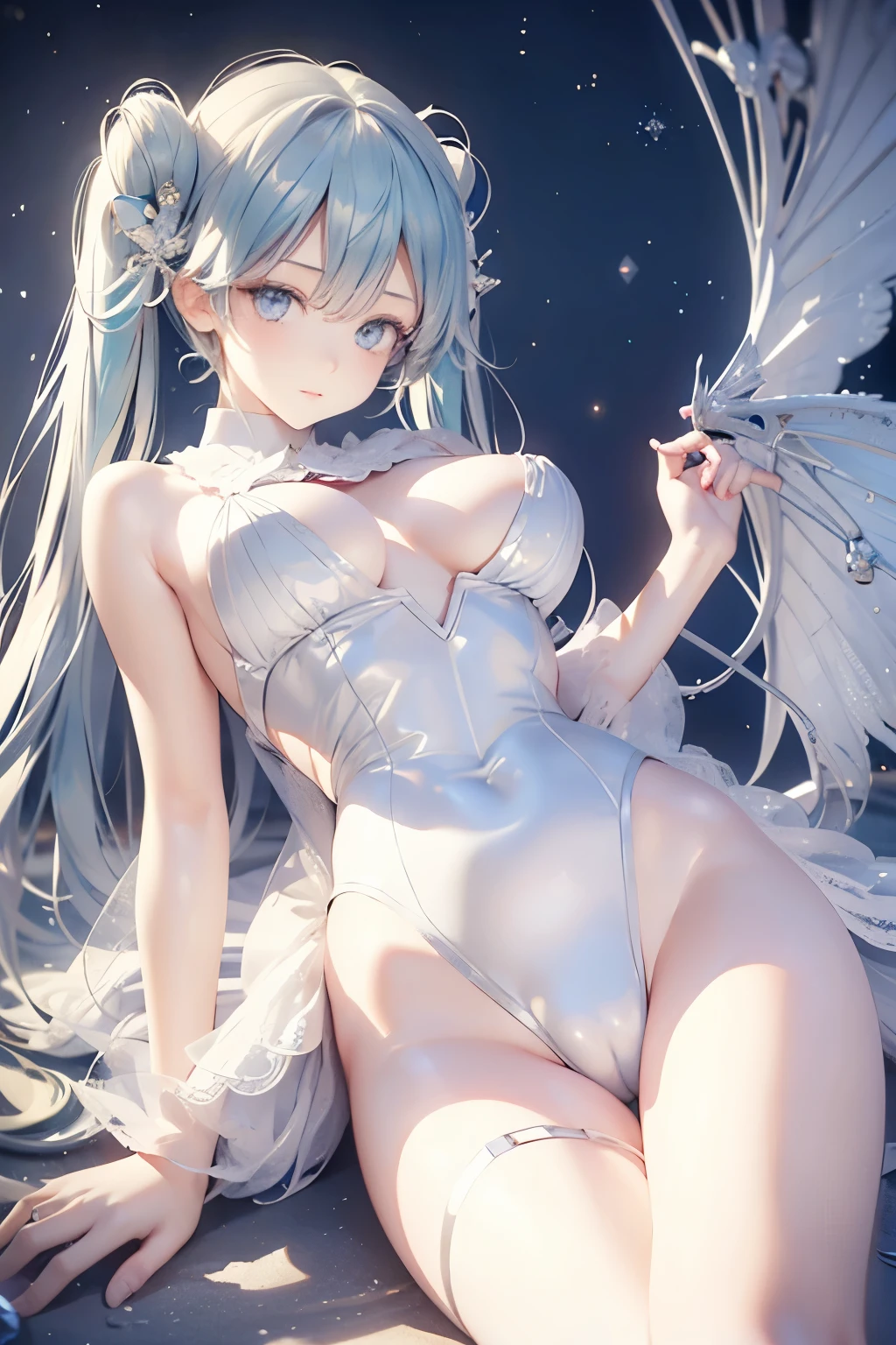 Beautiful and fair、Radiant Skin, 3 Up, Gorgeous, bright, Refreshing and gentle expression, Perfect beautiful face、Beautiful shiny bangs, A very beautiful 17 year old girl, Eyeliner, Very perfect and beautiful lovely big clear sky blue eyes,Very large breasts,Grooves reveal original skin,Muscular body,Silver glasses,White lace underwear,Hatsune Miku,Dragon Girl