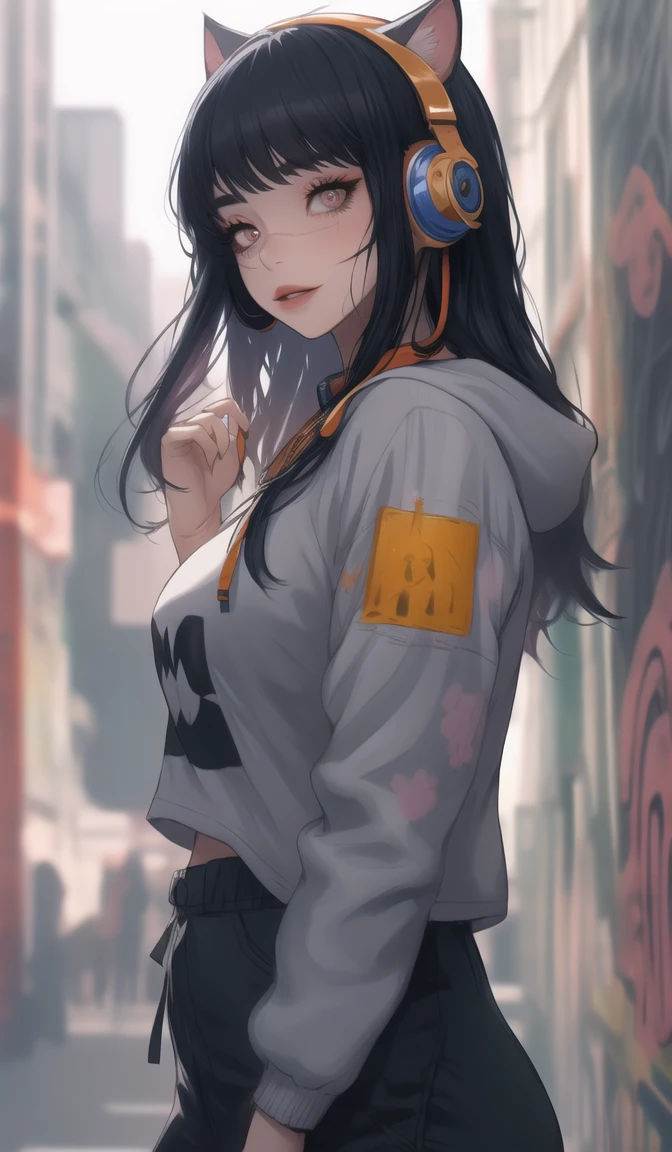 Cute cat girl hinata sexy peitos grandes sexy dressed in a red gold hoodie all red pastel Black accents, oversized headphones snugly fit around its neck, mid-action as it maneuvers through an urban setting, backdrop of graffiti-covered walls, contemporary streetwear fashion vibe, pastel tones, soft-focus background, bokeh lights, digital painting, ultra fine, ultra realistic