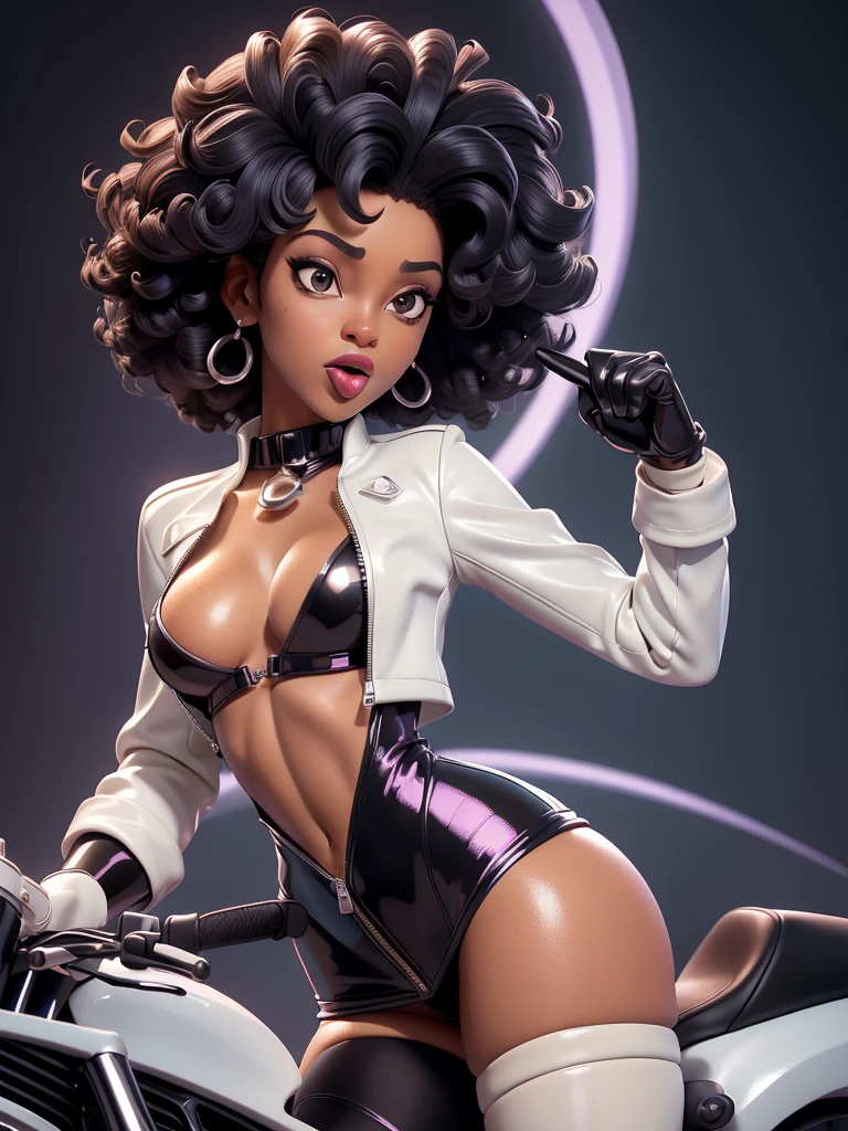 obra prima, melhor qualidade, ((one woman only,)) ((sage steele, dark black skin, afro bob hair, thin lips, shiny pearl lipstick,)) head back, ((sexy sultry wicked look, open mouth, pucker mouth,)) ((wearing shiny periwinkle pvc biker blazer,)) ((jacket is unzipped and wide open, small breasts, nip slip,)) jacket has padded puff shoulders, shiny leather gloves, ((shiny cream white micro mini pvc skirt,)) body is skinny, shiny tight buttocks, ((in luxury convertible, sexy tongue kissing, stick shift between legs,)) (camera view of whole body,) looking up at me, shallow depth of field, highres, HD, 8k, anatomically correct