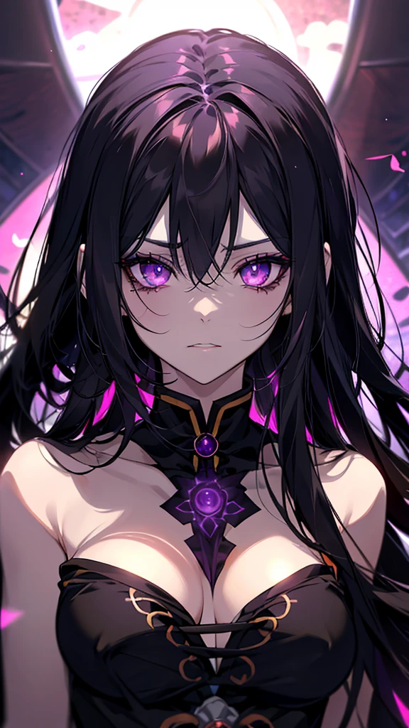 Anime girl with purple eyes looking at the camera, With big bright sad eyes, portrait Gap Moe Yandere Grimdark, Gap Moe Yandere Grimdark, With glowing purple eyes, Her eyes have black anime pupils, With glowing eyes, ( ( Deep black eyes ) ), Has bright purple eyes, She has white eyes!!!, Devil Anime Girl, With glowing yellow eyes