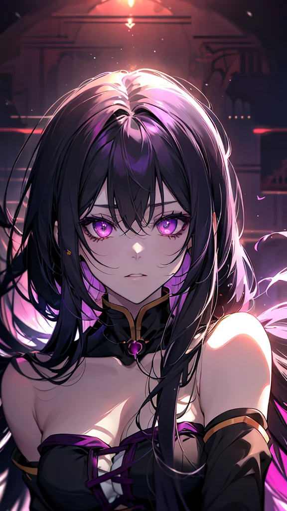 Anime girl with purple eyes looking at the camera, With big bright sad eyes, portrait Gap Moe Yandere Grimdark, Gap Moe Yandere Grimdark, With glowing purple eyes, Her eyes have black anime pupils, With glowing eyes, ( ( Deep black eyes ) ), Has bright purple eyes, She has white eyes!!!, Devil Anime Girl, With glowing yellow eyes