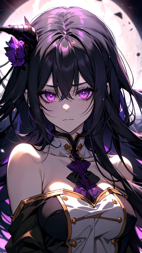 Anime girl with purple eyes looking at the camera, With big bright sad eyes, portrait Gap Moe Yandere Grimdark, Gap Moe Yandere Grimdark, With glowing purple eyes, Her eyes have black anime pupils, With glowing eyes, ( ( Deep black eyes ) ), Has bright purple eyes, She has white eyes!!!, Devil Anime Girl, With glowing yellow eyes