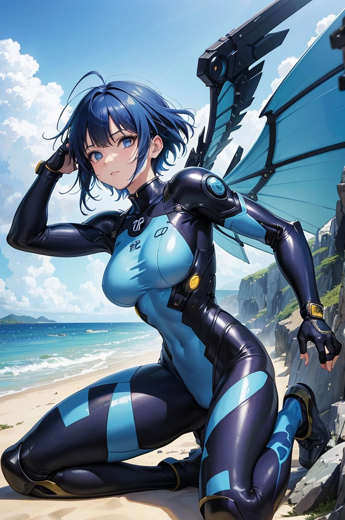 masterpiece, best quality, ultra detailed, 4K, no bad anatomy and fingers, Fibonacci composition, a cyborg girl on the beach, a combat plug suit with big mechanical wings, Blue Camouflage, elaborately designed clothes, medium short hair with straight bangs, glowing beautiful skin and eyes, colored inner hair, background of a beautiful Okinawa beach, sunny, action painting style, thick lines, dynamic composition, Masashi Kishimoto, Hirohiko Araki,