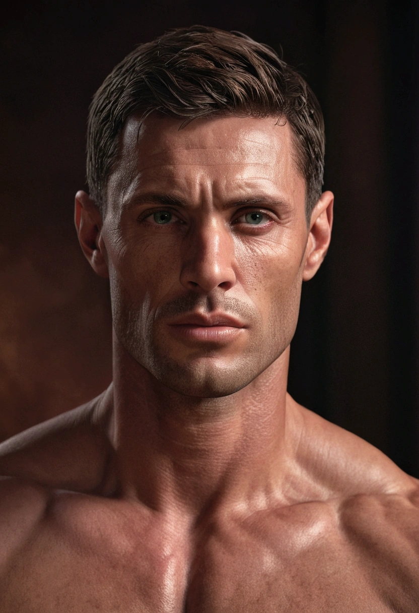 muscular nude man, detailed face, beautiful eyes, detailed lips, chiseled jawline, masculine physique, large penis, photorealistic, 8k, best quality, extremely detailed, hyper realistic, realistic skin texture, dramatic lighting, cinematic, moody, dark shadows, warm color palette, dramatic contrast, dynamic pose