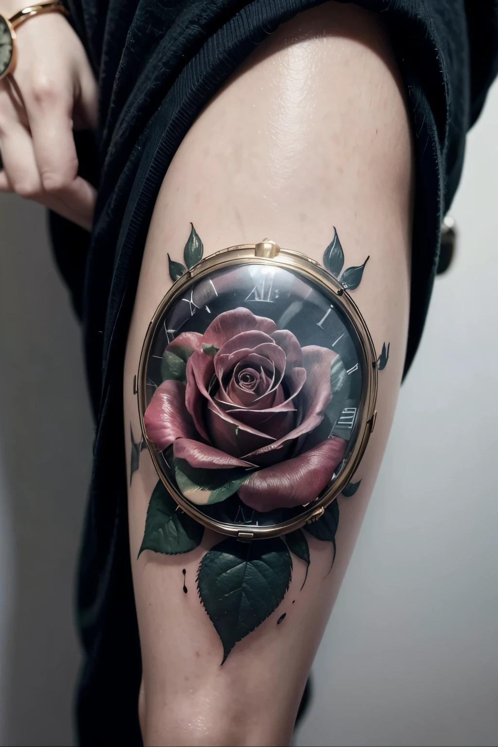 Tattoo of a rose with a pocket watch in slanted perspective with smoke effect cutting the corners 