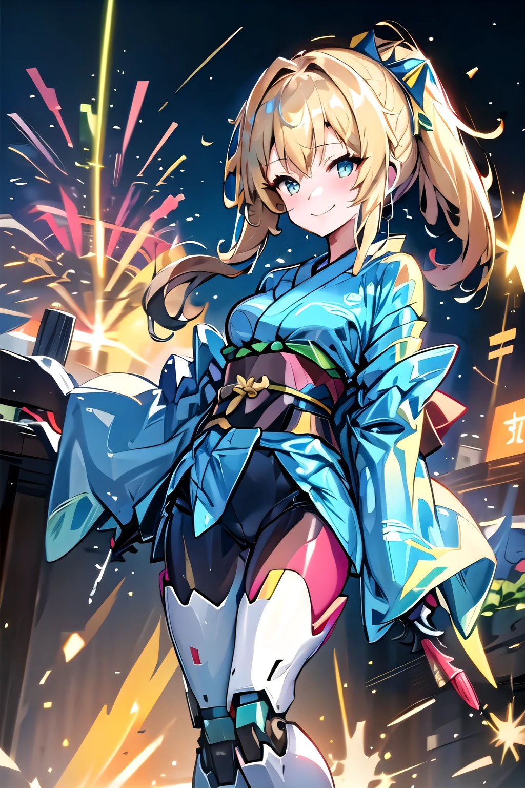 At a shrine somewhere, a robot girl is wearing a yukata and looking at the camera with a smile, with fireworks in the background.。