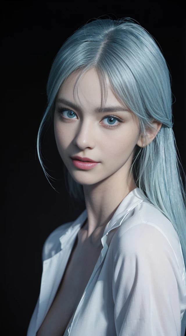8a, highest quality, intricate details, ultra detail, ultra high resolution, masterpiece, random angles, slim, Green and white hair, smile, (makeup: 0.4), (fluffy blue eyes: 1.21 ), blue eyes, looking at viewer, ((full body)), 1 girl, alone, 1 woman, (( full body)), close-up shot, , ((tall)), (((fit body ))), (((slim face))), sharp face, sharp eyes, (detailed face), sharp face, small lips, (( )), ((open shirt)), detailed face, detailed breast, , big breast, detailed ass, , beautiful girl with slim abdominal muscles: 1.4, six-pack abs: 1.4 , Botox breasts, big, perfect body, detailed legs, (( dark background)), black background, (((whole body is seen)))
