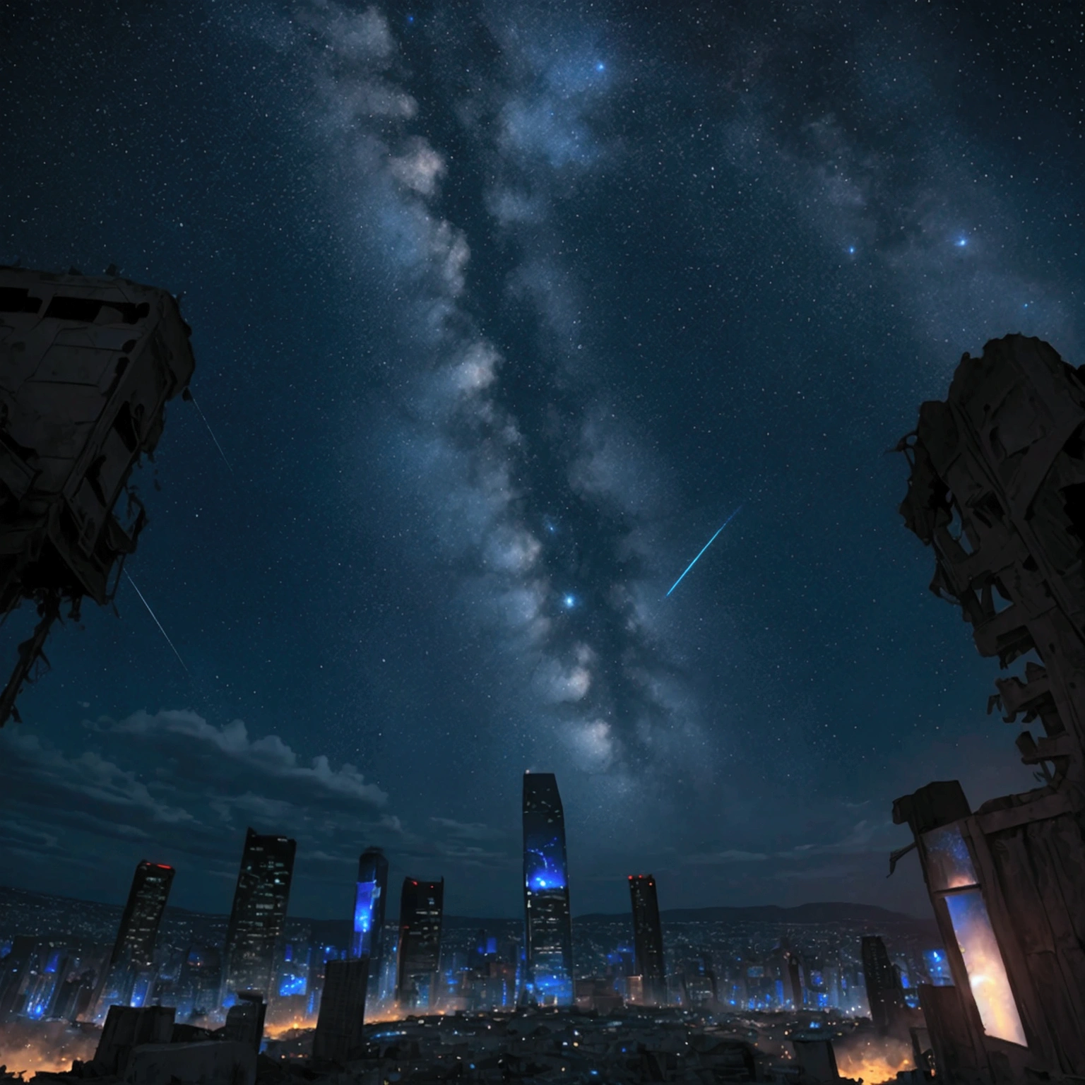 masterpiece、Blue Impact、Ruined City、starry skies、View from below looking up