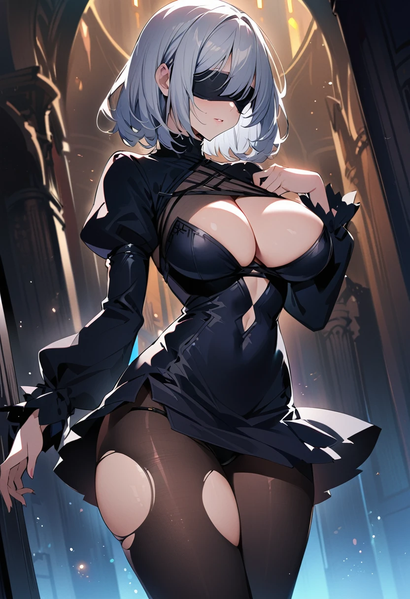 2B Nier Automata,masterpiece, 最high quality, High resolution,  Black torn clothes 、Black ripped pantyhose、Dark church at night、sexy、Wear a miniskirt、Thin legs、Big Breasts、Slim figure、high quality　CG Tone、Torn black panties、Gray Hair、Black blindfold