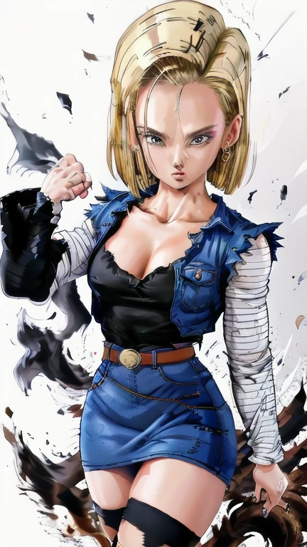 Realistic Android 18, Full Body, Blonde Hair, Blue Eyes, Eyelashes, Hoop Earrings, Short Hair, Earring, Black Sock, White Shirt with Black Stripes, Chest Pocket, Cleavage, Collarbone, Denim, Denim Skirt, Miniskirt high waist, detailed legs, jewelry, long sleeves, pocket, shirt, tucked in shirt, skirt, striped, striped sleeves, vest, correct hands, detailed high volume legs. She walks towards the viewer