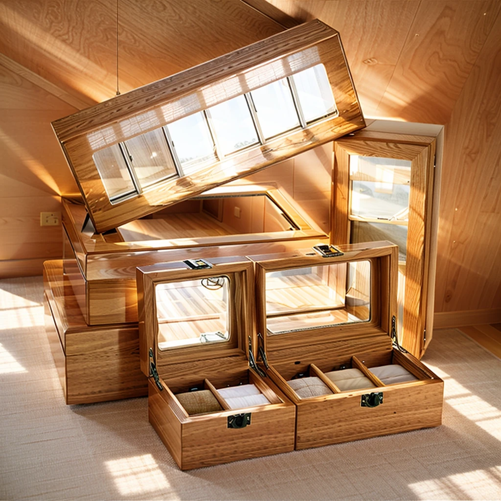 In this cozy room,A ray of sunlight shone through the half-drawn curtains on the table,Let the wood grain on the watch storage box shine with a faint luster。There was a calm and peaceful atmosphere in the air around them。There are several still lifes hanging on the walls of the room,It adds a touch of elegance to the space。And on the other side of the room,The half-open window lets in the breeze,The pages on the small desk by the window turned in the wind,This quiet scene gives a sense of tranquility and comfort。