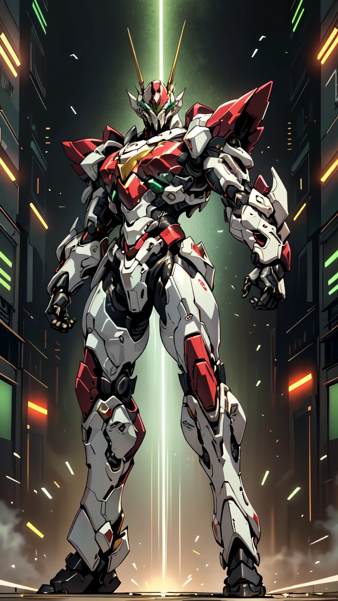 (masterpiece:1.5, best quality:1.5, extremely delicate:1.5, foreshortening:1.5, dynamic angle:1.5), a man wearing a full-face helmet, a fantasy-style biotech armored combat suit, green eyes, (a composite layered chest armor), fully enclosed shoulder guards, matching arm and leg guards, belt of Neon circuit, (the color scheme is primarily white with red green accents), the design balances heavy with agility, a high-tech bio-mecha armor, (Armor Concept Inspired by neon Cyberpunk, stand on the top of a skyscraper in a futuristic sci-fi city), this character embodies a finely crafted fantasy-surreal style armored hero in anime style, exquisite and mature manga art style, (element, plasma, energy, the armor glows), ((male:1.5)), metallic, high definition, highres, ultra-detailed, ultra-fine painting, professional, perfect body proportions, golden ratio, anatomically correct, symmetrical face, extremely detailed eyes and face, high quality eyes, creativity, RAW photo, UHD, 32k, Natural light, cinematic lighting, masterpiece-anatomy-perfect