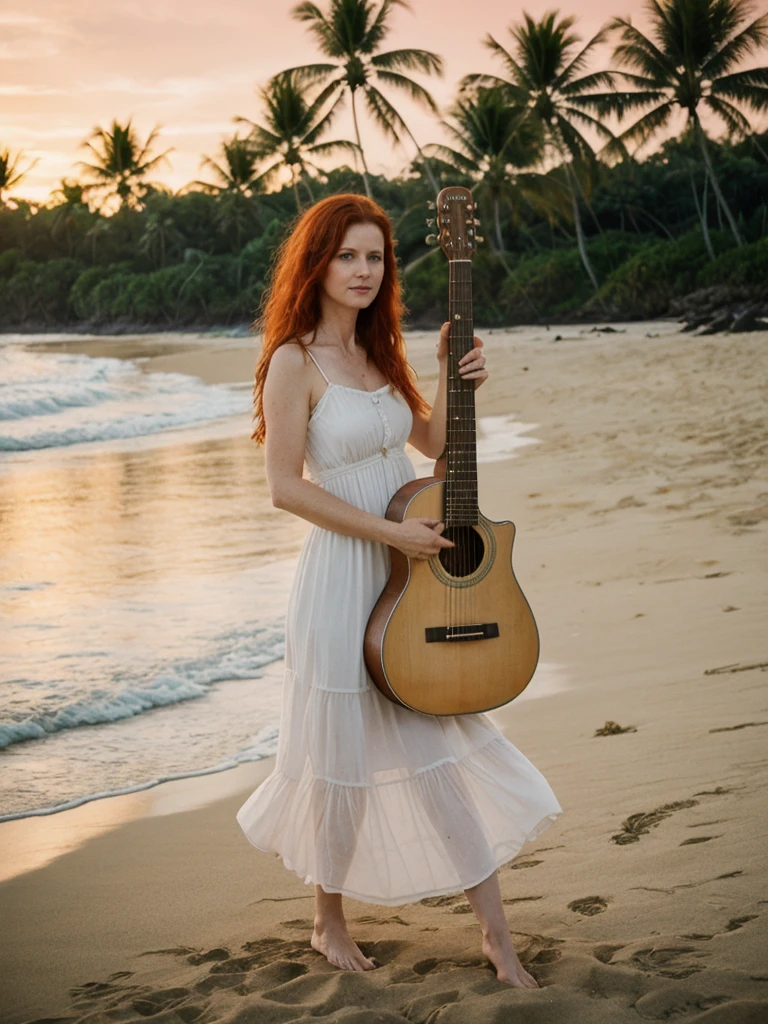 portrait, her name is Mia, high quality, 1 old woman, ((40-year-old guitar shaped body irish woman)), (((40 years old))), ((guitar shaped body)), wide hips, (wrinkled body), (old body), (((red hair))), (pale skin), ((green eyes)), she is wearing a flowy boho maxi dress, POSE: standing, BREAK, BACKGROUND: outdoor: tropical beach at dawn, pastel sky, gentle waves, soft light, seashells, palm trees, boats
