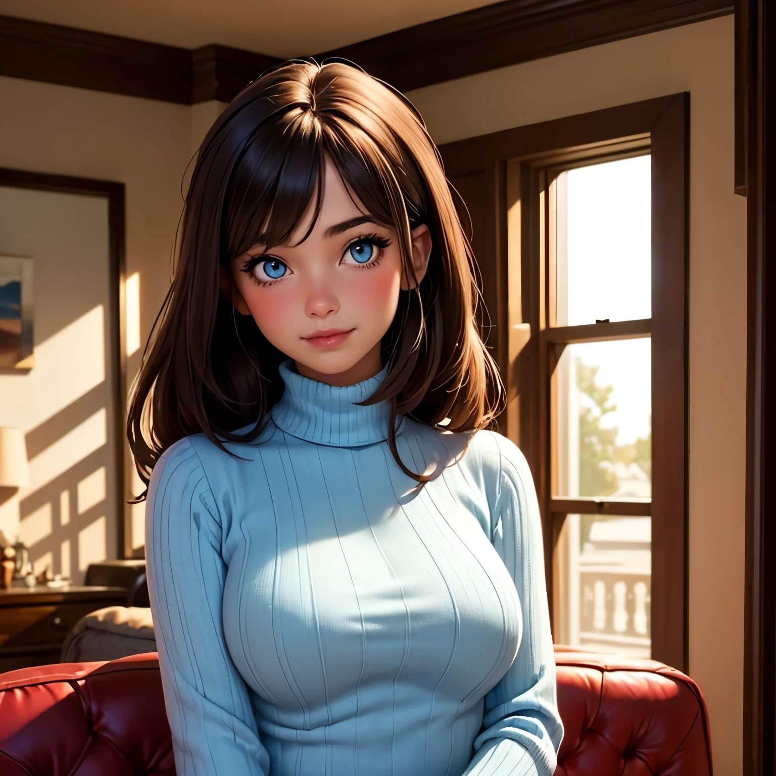 (work of art, best qualityer, hires, 8k), extremely detaild, 1 girl, standing alone, trunk, long brown hair, parted bangs, blue colored eyes, blush, ssmile, light blue high neck sweater, (breasts big), (cinematic lighting), livingroom, window, naturallight