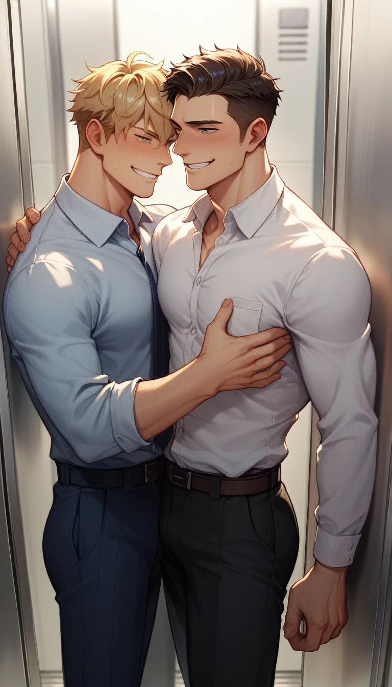 best quality, masterpiece, yaoi, 2boys, handsome young man with curtain bangs wearing business suit, embarrassed expression, another smiling older gentleman pushes his back against elevator,  strokes his hair, in elevator, cinematic lighting, dramatic shadows
