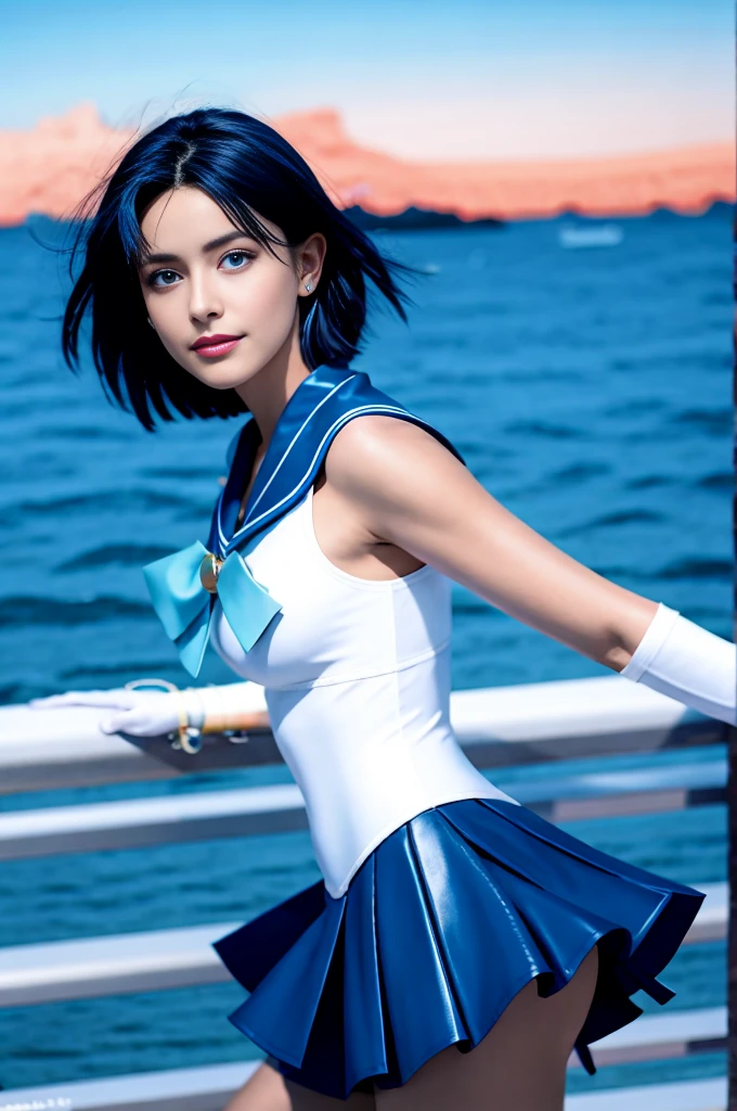 full: 1.3, stand, Tabletop, 3d, Realistic, Ultra-microphotography, Highest quality, Ultra high definition CG Unity 8k wallpaper, (Mel 1, Tierra, Sailor Warrior Uniform, White gloves, Blue sailor collar, Blue Skirt, Sailor Warrior Uniform: 1.2, Sailor Mercury: 1.3, Meishaon), From below, Intricate details, (1 female), 19 years old, short hair, 浮かぶ青いshort hair: 1.2, Sailor Senshi uniform revealed, Sexy pleated mini skirt in shiny blue color: 1.3, ((A very large blue ribbon in the center of the chest,,,: 1.3, Golden tiara on the forehead: 1.2, Blue gloves on elbows: 1.2, Exposing the upper arm: 1.1, Long knee high boots in shiny blue enamel、Luxurious gold decoration: 1.3, Saturated, broad blue, Saturated Blue Sailor Color, Luxurious gold decorationが施された長い白いラテックス手袋: 1.3, A very large blue ribbon on the back of the waist,,,: 1.1, Blue choker, The cleavage is bold, large and sexy: 0.6)), (Ultra-thin, high-gloss white holographic leather: 1.3), White silver high leg cut swimsuit,Blue star-shaped earrings, Parted bangs, ((Captivating smile, Very cute face, Facial details: 1.5, Bright Blue Eyes, Beautiful Face, Beautiful Eyes, Shining Eyes, Thin lips: 1.3, Thin, sharp, pale eyebrows, Long, black eyelashes, Double eyelashes)), Luxury gold jewelry, ((Combat Stance)), Huge splash wing, Lean and muscular muscles, Muscular Abs, Small Face, Big Breasts, Perfect Proportions, Narrow waist, Sexy model posing, Visible pores, Perfect hands: 1.5, Octane Rendering, A very dramatic picture, Strong natural light, sunlight, Exquisite lighting and shadows, Dynamic Angle, DSLR Harp, concentrated: 1.0, Maximum clarity and sharpness, (Water Divinity: 1.1, Splash space background, Dynamic water background, Water on Earth: 1.2, Water hair, Water bubbles, Dynamic Frame, Mercury, moonlight, moon, Dynamic Background, Detailed Background)),(mecha musume)