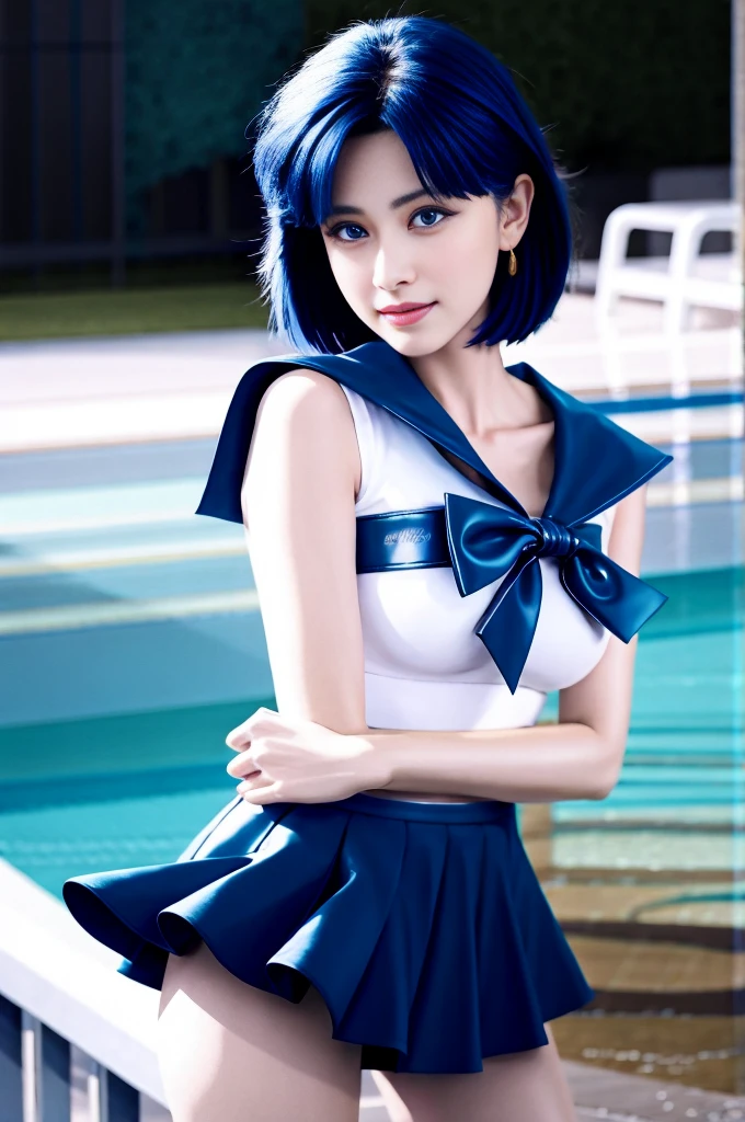full: 1.3, stand, Tabletop, 3d, Realistic, Ultra-microphotography, Highest quality, Ultra high definition CG Unity 8k wallpaper, (Mel 1, Tierra, Sailor Warrior Uniform, White gloves, Blue sailor collar, Blue Skirt, Sailor Warrior Uniform: 1.2, Sailor Mercury: 1.3, Meishaon), From below, Intricate details, (1 female), 19 years old, short hair, 浮かぶ青いshort hair: 1.2, Sailor Senshi uniform revealed, Sexy pleated mini skirt in shiny blue color: 1.3, ((A very large blue ribbon in the center of the chest,,,: 1.3, Golden tiara on the forehead: 1.2, Blue gloves on elbows: 1.2, Exposing the upper arm: 1.1, Long knee high boots in shiny blue enamel、Luxurious gold decoration: 1.3, Saturated, broad blue, Saturated Blue Sailor Color, Luxurious gold decorationが施された長い白いラテックス手袋: 1.3, A very large blue ribbon on the back of the waist,,,: 1.1, Blue choker, The cleavage is bold, large and sexy: 0.6)), (Ultra-thin, high-gloss white holographic leather: 1.3), White silver high leg cut swimsuit,Blue star-shaped earrings, Parted bangs, ((Captivating smile, Very cute face, Facial details: 1.5, Bright Blue Eyes, Beautiful Face, Beautiful Eyes, Shining Eyes, Thin lips: 1.3, Thin, sharp, pale eyebrows, Long, black eyelashes, Double eyelashes)), Luxury gold jewelry, ((Combat Stance)), Huge splash wing, Lean and muscular muscles, Muscular Abs, Small Face, Big Breasts, Perfect Proportions, Narrow waist, Sexy model posing, Visible pores, Perfect hands: 1.5, Octane Rendering, A very dramatic picture, Strong natural light, sunlight, Exquisite lighting and shadows, Dynamic Angle, DSLR Harp, concentrated: 1.0, Maximum clarity and sharpness, (Water Divinity: 1.1, Splash space background, Dynamic water background, Water on Earth: 1.2, Water hair, Water bubbles, Dynamic Frame, Mercury, moonlight, moon, Dynamic Background, Detailed Background)),(mecha musume)