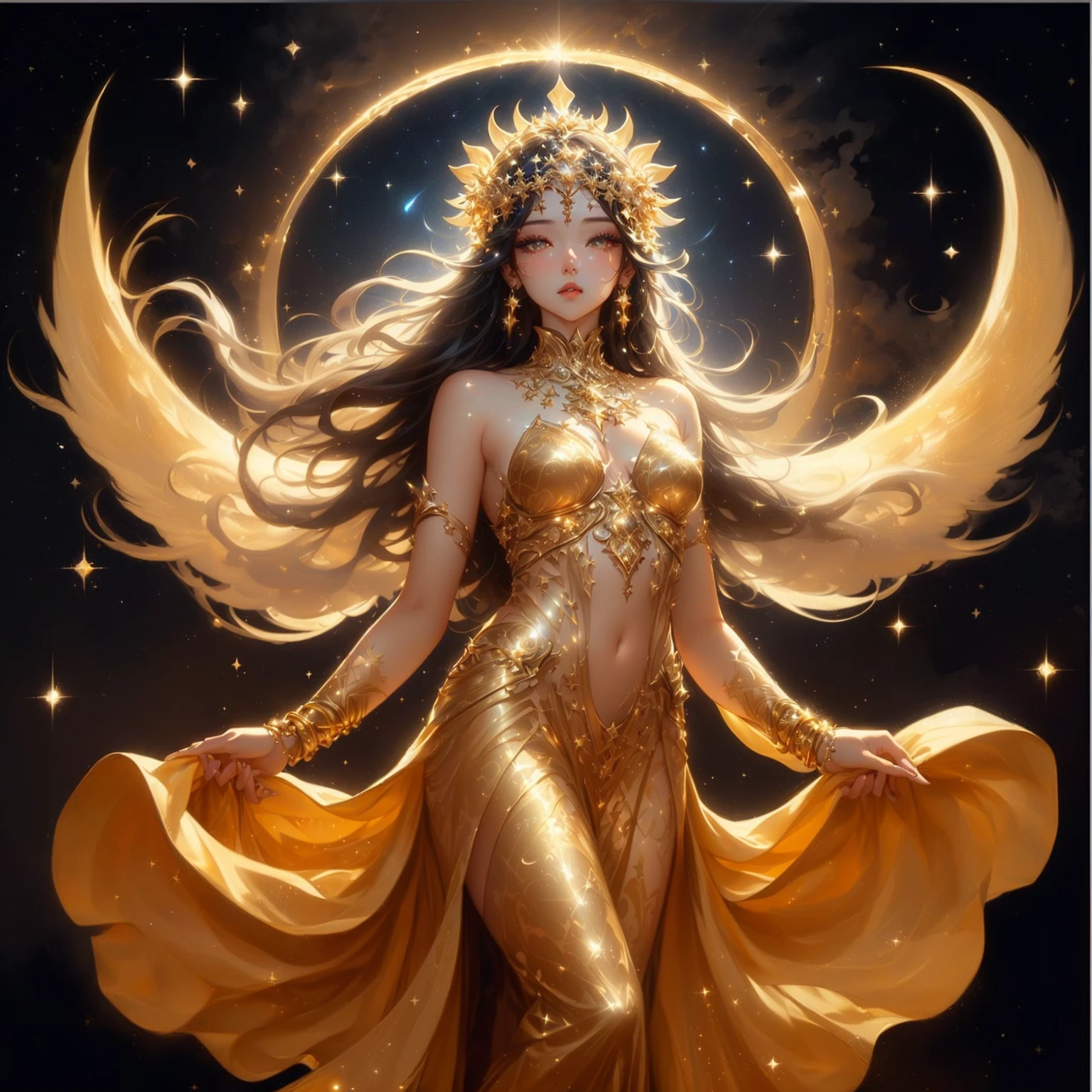 A woman in a golden dress stands in front of a starry sky., celestial goddess, beautiful heavenly mage, gorgeous goddess of leo, Argerm Julie Bell Beeple, goddess of light, moon goddess, as the goddess of the sun, Carole Bak and Peter Mohbacher, goddess. Very high detail, goddess of the sun, lunar goddess , Saw the navel. , star background , black hair , golden sparkle , golden eyes