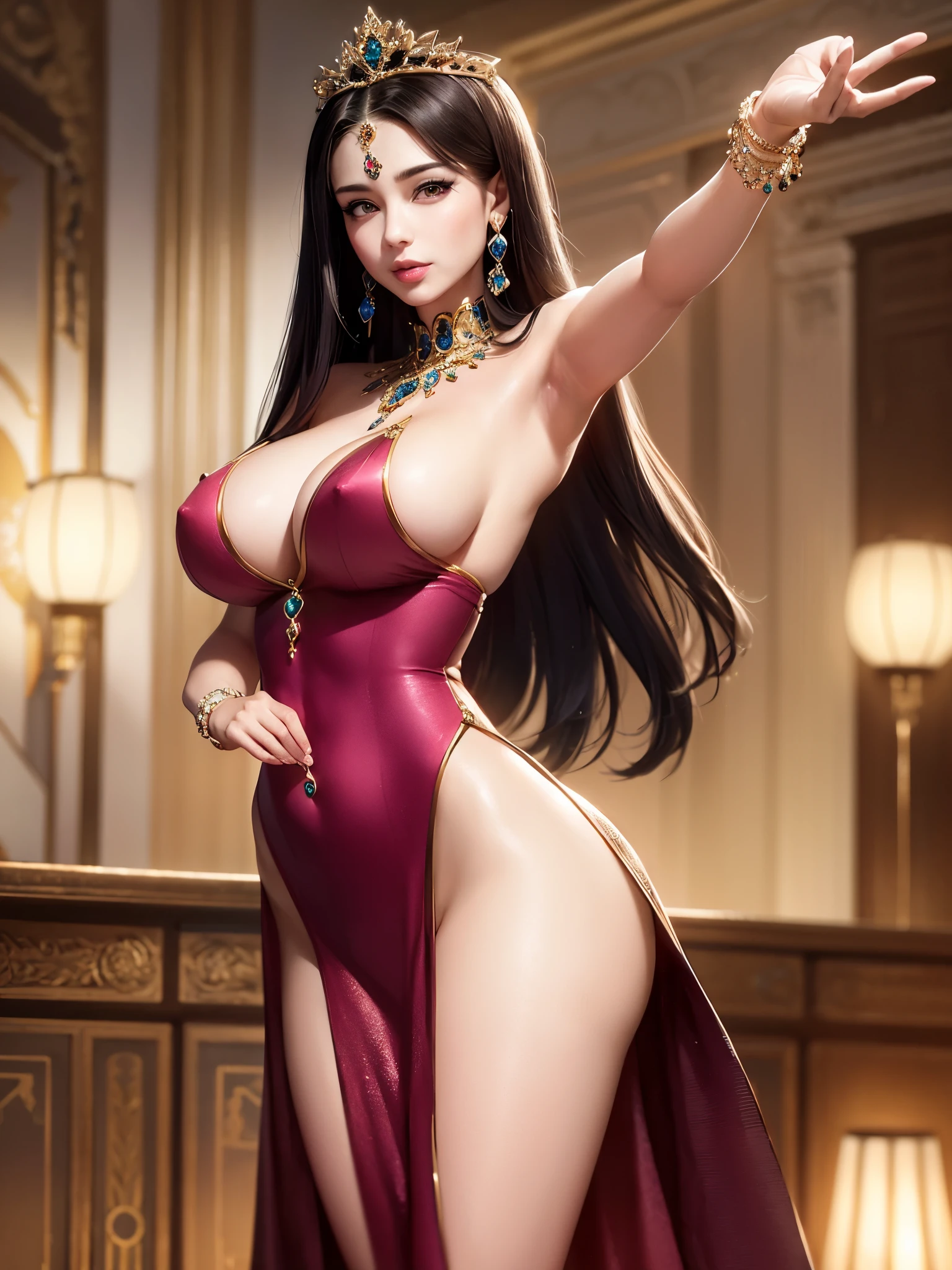 (Armpit Show),Ultra-realistic 8K CG, picture-perfectionな顔, perfection, clean, masterpiece, Professional artwork, Famous works of art, Cinema Lighting, Cinematic Flowers, perfectionな顔, Beautiful Face, Beautiful Eyes, ((perfectionな女性の体, Tight waist)), Gray Hair, Red eyes, gorgeous queen, Royal, Sacred, goddess, God-like, (Royal parace), Fantasy, dream-like, unrealistic, sf, Huge breasts, Beautiful clothes, race, race trim, race-trimmed legwear, Browsing Caution, Exposing breasts, Ridiculously long hair, Very long hair, (rich:1.4), reputation, luxury, jewelry, diamond, Money, Pearl, gem, sapphire, Ruby, Emerald, Intricate details, Delicate pattern, sexy, Charm, Fascinating, Fascinating, erotic, Fascinating, hair ornaments, neckrace, Earrings, bracelet, Bracelet,