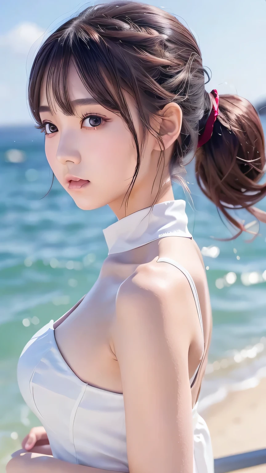 highest quality、Realistic、female、zoom、Gray Eyes、Maroon ponytail、White dress、slender、Dark Skin、Ocean、Bust Shot、Back view