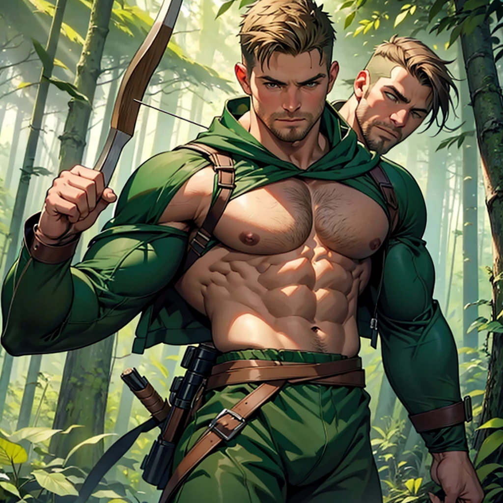 32k, high quality , detailed face , detailed fingers ,detailed muscles stephen amell as green arrow , wearing dark green forest outfit , having a dark blond short hair , a thick facial hair , nipples, a bulge ,hunk and handsome, shooting with his bow and arrow toward the ennemy , with the quiver on his back full of arrows , background a lush forest and trees