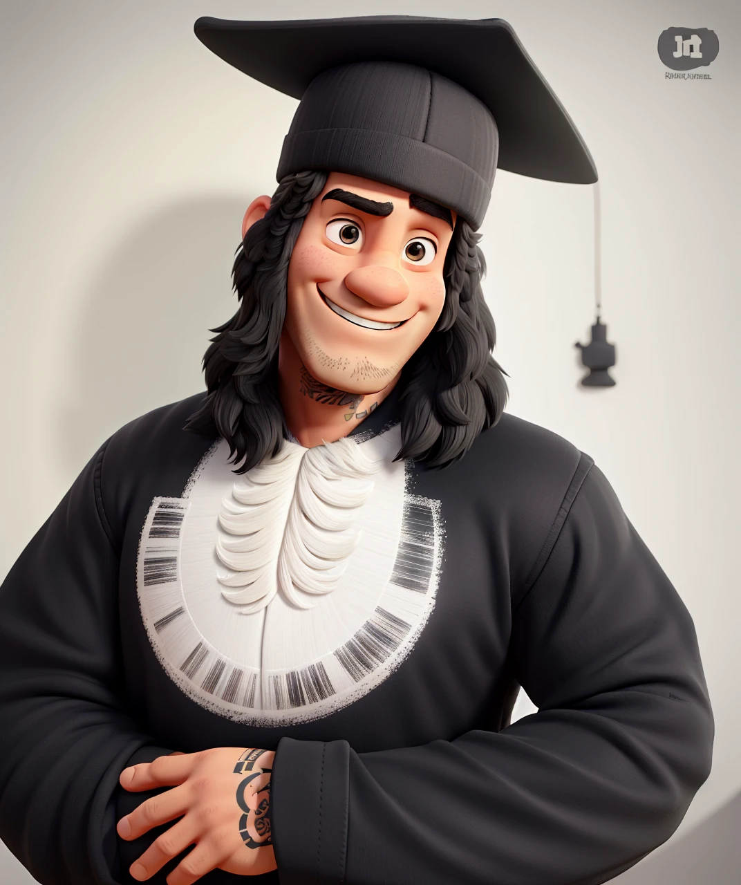 strong man, short black hair, small beard, Left arm completely tattooed with smiling face., black shirt with a thinner nose