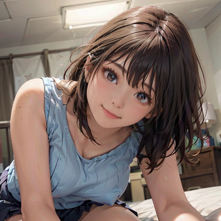 ((((highest quality)))), (((Ultra-precision CG 16K))), (((masterpiece))), (((Very detailed))), (((Extremely detailed))), (((Black outline:1.3, Written boundary depth:1.3 , Written soft outline))), Maximum clarity and sharpness,Multilayer Texture, Surface Shading, Cinematic lighting, Beautiful details sparkle ,Perfect Proportions, Limited to three woman, BREAK accurate, Anatomically correct, Highly detailed face and skin texture, drawn in detail, Highly detailed facial and skin texture, Detailed eyes, beautiful hair, Beautiful Japanese Idol face, Beautiful and beautiful eyes, Beautiful body, Beautiful breasts, Beautiful thighs, Beautiful legs, Beautiful fingers, (Beautiful views) , skinny body, ((Beautiful Skin)), ((Skin Texture)) , solo, limited one girl BREAK breast enlarged, medium Breasts, rocket breasts, (((perky breasts))), ((covered nipples)), slender waist, (smiling , narrow eyes, brown eyes, blush, determined expression, hot, sweaty , Heavy breathing,) BREAK ((streaked hair, hair intakes, colored inner hair, several hairstyles )) BREAK (((wearing oversized character printed tank top, wearing Jersey in a casual way, wearing pleats mini-skirt , breasts is covered by outfit))) , wearing earrings, BREAK ((( a woman in the bedroom, sleeping face down on the bed, looking at viewer, close up face, cowboy shot, from front , from below ))),