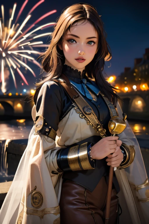 Highest quality High resolution Paris by night Cute woman in steampunk costume