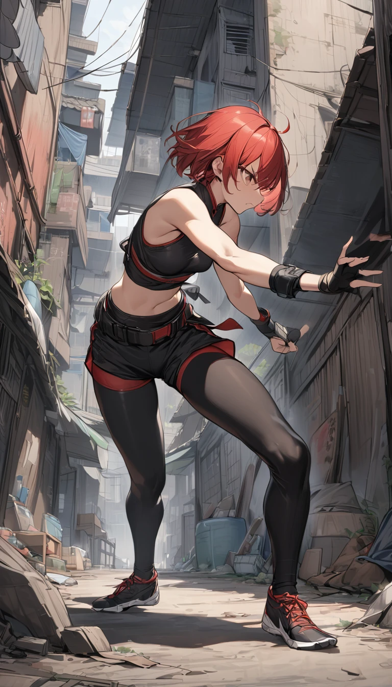 {{masterpiece}}, {{{best quality}}},{{ultra-detailed}}, {{illustration}},{{tall stature}},{{adult women}},skinny,Small breasts,Slender body,{{fighting stance}},((Leggings with integrated shorts)),Black leggings female fighter　Red hair short cut　Sleeveless uniform　Martial Arts Belt　,Chinese style,full body, black fingerless gloves,Street Fight,Slums,1 female,alone,