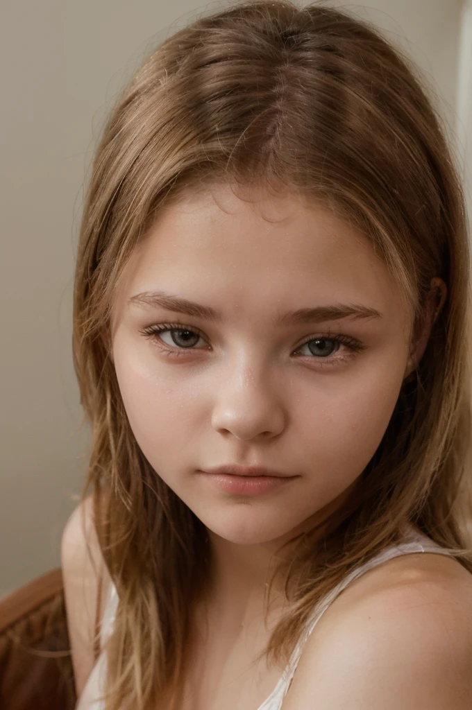Symmetrical, High Detail RAW Color Photo Professional Photo, [:( High Detail Face: 1.2): 0.1], (lora:PJ DH), pores, real skin, breast focus, shining eyes, looking at the audience, lens flare, shadow, bloom, natural lighting, hard focus, film grain, photographed with a Sony a9 II Mirrorless Camera, portrait chloe grace moretz, thick neck, 18 year old female model, 18 years old, 18 years old, profile image,  realistic, post-processing, maximum detail, beautiful thin blonde , sit, posing at home, big breasts