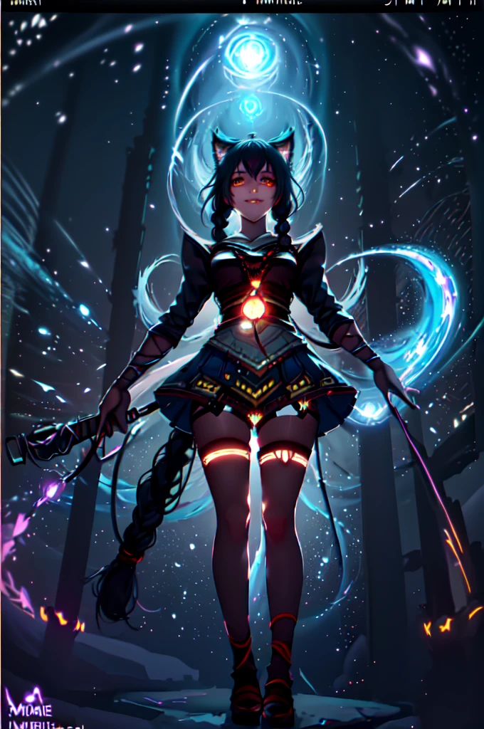 seketch art style,arhi , league of legends champion,masterpiece, best quality, IncrsAhri, braid, fox tail, multiple tails, korean clothes, skirt, (EnergyVeins:1.4), glowing, energy, energy ball, stance, evil smile,