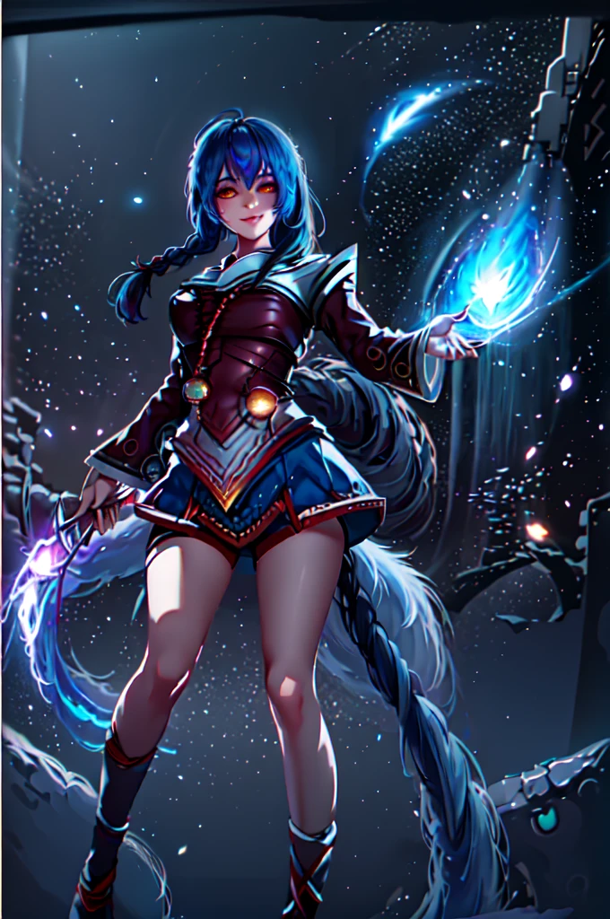 seketch art style,arhi , league of legends champion,masterpiece, best quality, IncrsAhri, braid, fox tail, multiple tails, korean clothes, skirt, (EnergyVeins:1.4), glowing, energy, energy ball, stance, evil smile,