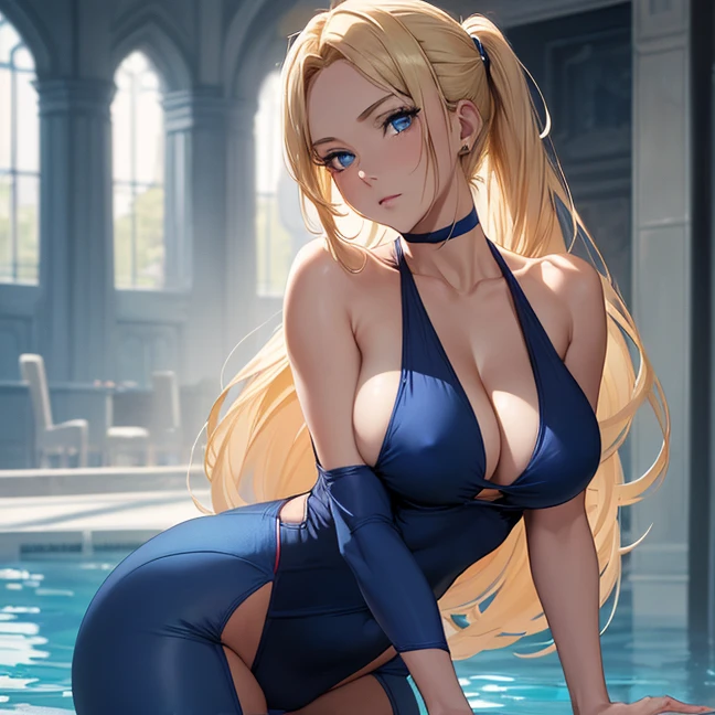 (Absurdres, master piece, best high quality image, very detailed features, very detailed textures, carefuly detailed with no deformed parts in all the artwork, solo character)
{{1character: 40 years old beautiful blonde woman, (fair skin, blue eyes, blonde golden long hair tied in a high ponytail with a long crimson ribbon, voluptuous figure, big breasts, beautiful legs, beautiful arms, serious calm expression, she walks relaxed around) (blue one-piece swimsuit, cleavage), (morning day, palace pool))}}
