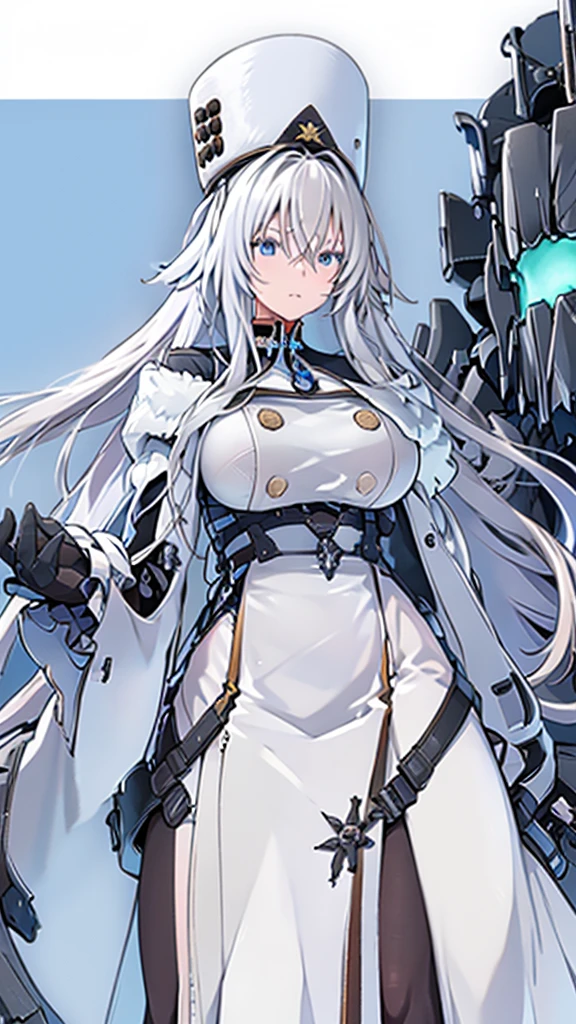 Anime, 1girl, ((masterpiece))best quality, ultra-detailed, high res, perfect face, large mechanical arms, Sovetsky_Soyuz, sovetsky soyuz, standing, busty, white military's uniform, white hat, white huge hairstyle, busty, large heavy mechanical arms