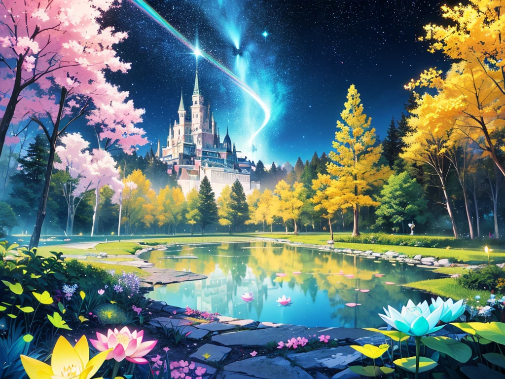 A mystical grove, with (luminous starry blue and white lotuses), iridescent aqua and seafoam green butterflies, beautiful sakura tree, (((unique view with extremely vivid multicolors without any people))), {extremely detailed 16k CG unity wallpaper}, expansive natural landscape photography, (wide open field view), (low angle shot),complex details, (iridescent colors: 1.6), (bright lighting), (atmospheric lighting), Dreamy, unique, no people, reflections perfect,(no humans),landscape only, pixiv_fantasia,((starry glittering pond filled with stardust))