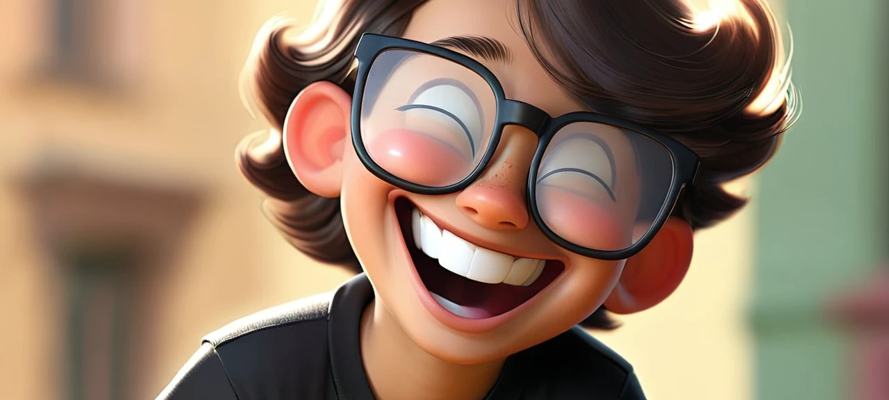 A boy in black tshirt and wearing Spectacles
He is laughing 