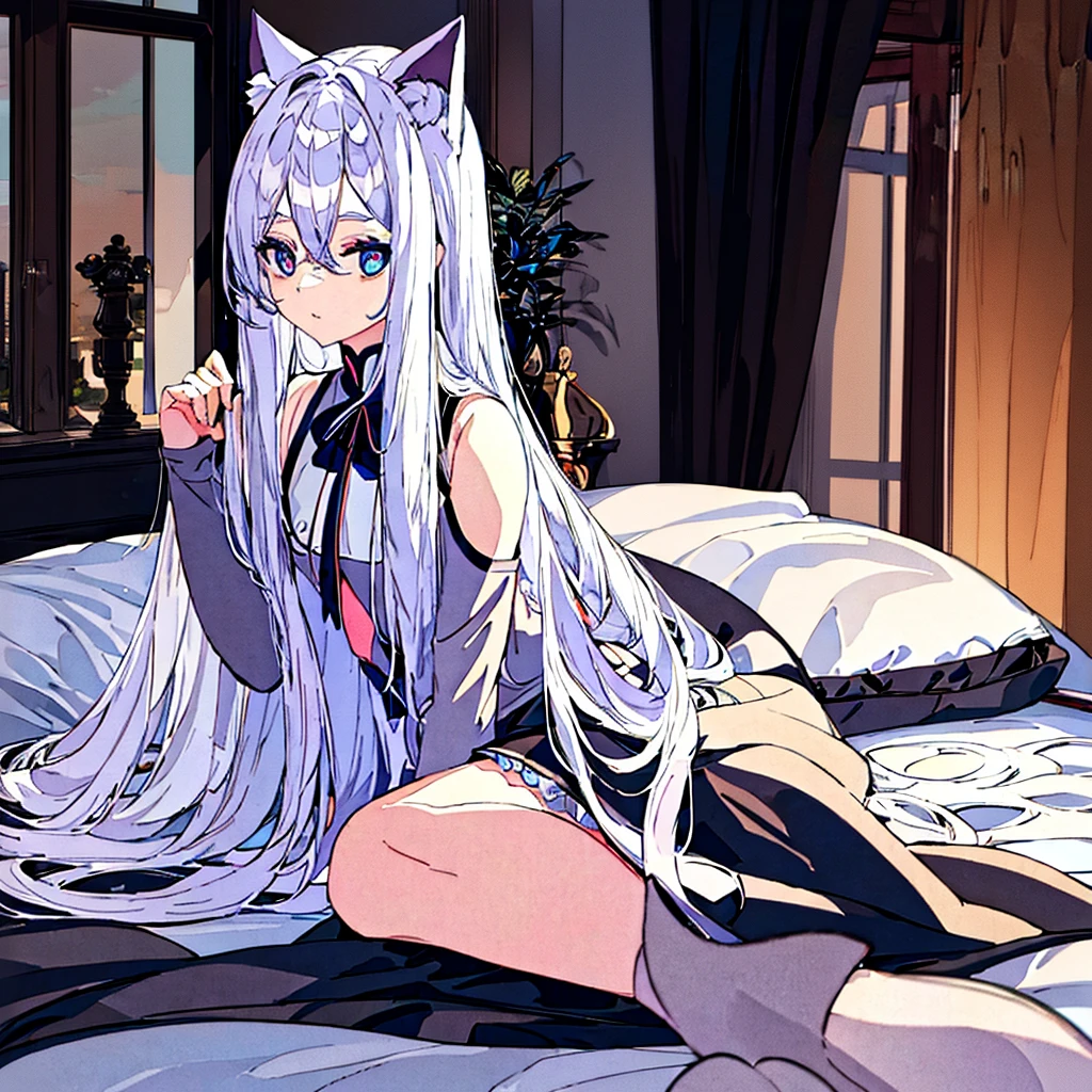 Masterpiece　White Hair　long hair　On the bed　close　Cat ear　　Blue Eye　Girl sitting