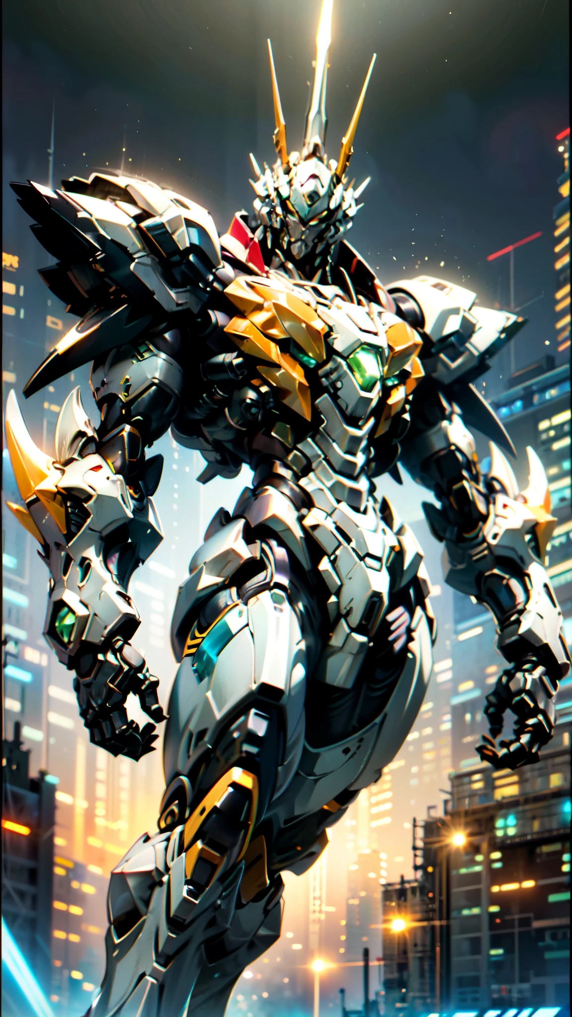 (masterpiece:1.5, best quality:1.5, extremely delicate:1.5, foreshortening:1.5, dynamic angle:1.5), a man wearing a full-face helmet, a fantasy-style biotech armored combat suit, green eyes, (a composite layered chest armor), fully enclosed shoulder guards, matching arm and leg guards, belt of Neon circuit, (the color scheme is primarily white with red green accents), the design balances heavy with agility, a high-tech bio-mecha armor, (Armor Concept Inspired by neon Cyberpunk, stand on the top of a skyscraper in a futuristic sci-fi city), this character embodies a finely crafted fantasy-surreal style armored hero in anime style, exquisite and mature manga art style, (element, plasma, energy, the armor glows), ((male:1.5)), metallic, high definition, highres, ultra-detailed, ultra-fine painting, professional, perfect body proportions, golden ratio, anatomically correct, symmetrical face, extremely detailed eyes and face, high quality eyes, creativity, RAW photo, UHD, 32k, Natural light, cinematic lighting, masterpiece-anatomy-perfect