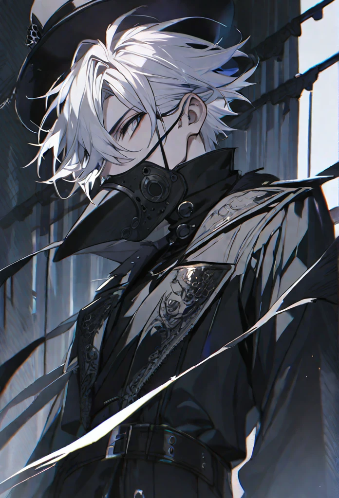 solo, handsome, 1 male, short hair, white color hair, white eyes, black coat, black plague doctor mask, black gloves, black top hat