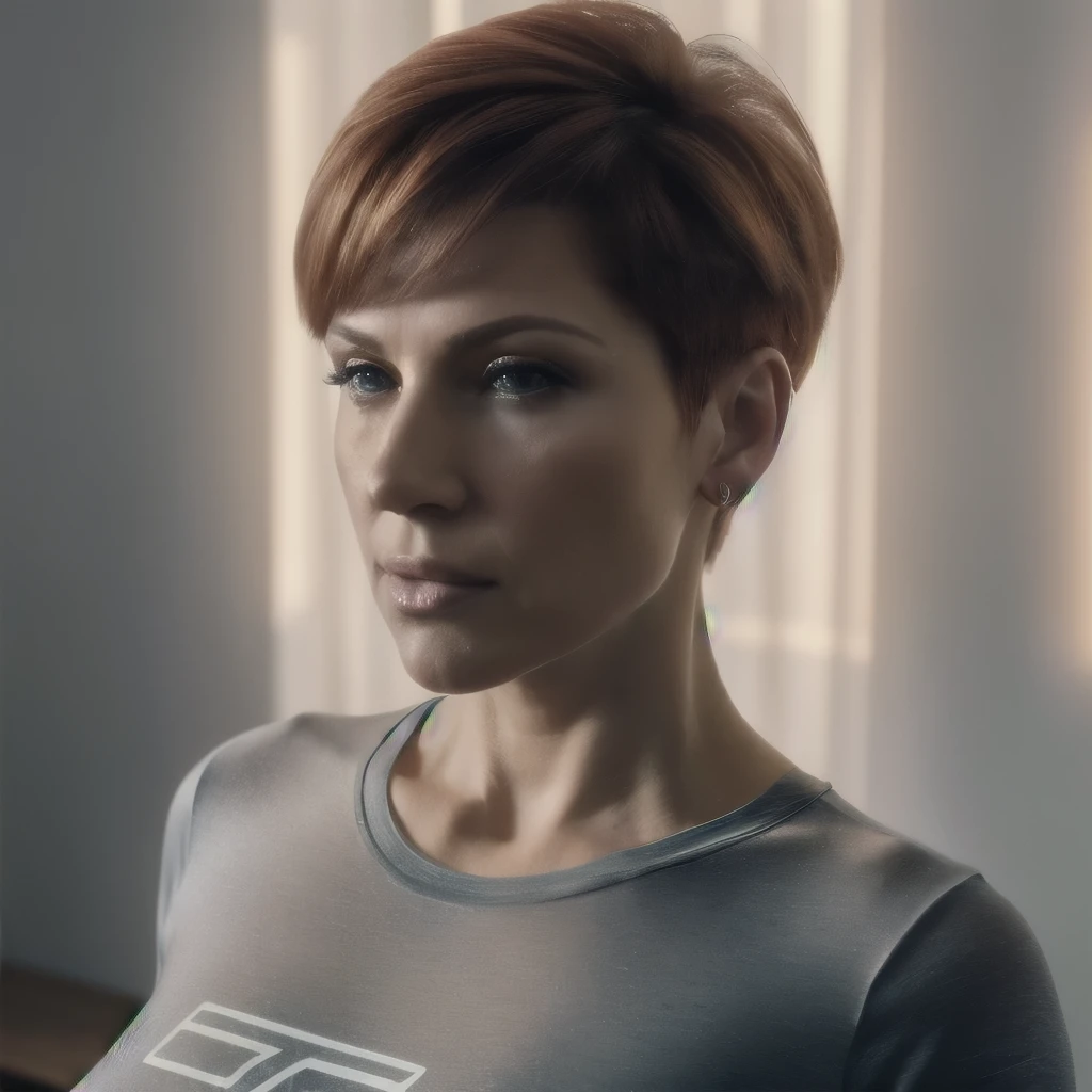 raw photo, a 50 year old ukrainian woman, cool red balayage, short hair, big lips with filler, Many wrinkles, medium size chest, hourglass shaped body, wearing t-shirt and leggings, (soft backlight), realist, Masterpiece, of the highest quality, Lens flare, [[chromatic aberration]],best shadow, photorealism, hyperrealism