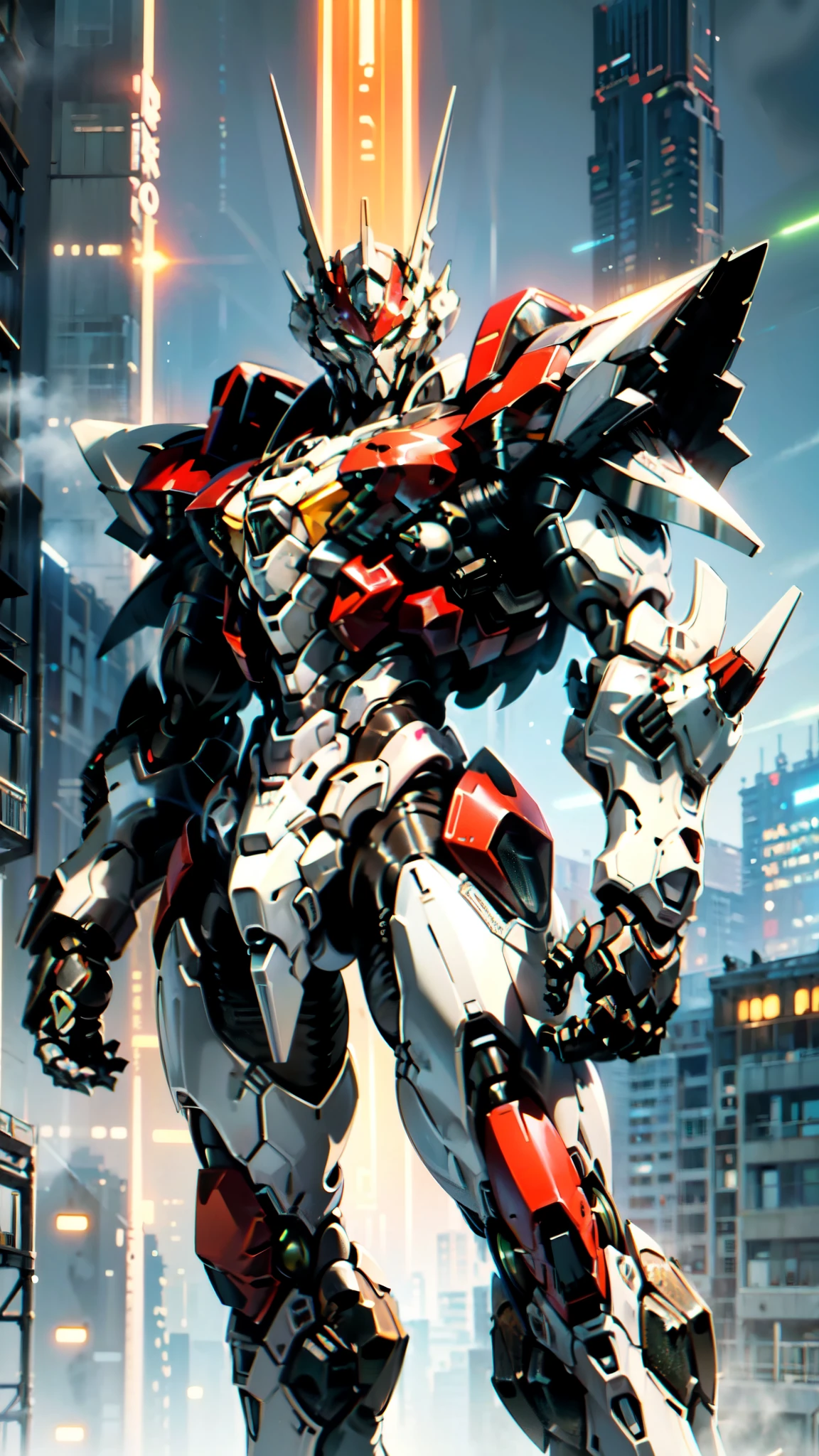 (masterpiece:1.5, best quality:1.5, extremely delicate:1.5, foreshortening:1.5, dynamic angle:1.5), a man wearing a full-face helmet, a fantasy-style biotech armored combat suit, green eyes, (a composite layered chest armor), fully enclosed shoulder guards, matching arm and leg guards, belt of Neon circuit, (the color scheme is primarily white with red green accents), the design balances heavy with agility, a high-tech bio-mecha armor, (Armor Concept Inspired by neon Cyberpunk, stand on the top of a skyscraper in a futuristic sci-fi city), this character embodies a finely crafted fantasy-surreal style armored hero in anime style, exquisite and mature manga art style, (element, plasma, energy, the armor glows), ((male:1.5)), metallic, high definition, highres, ultra-detailed, ultra-fine painting, professional, perfect body proportions, golden ratio, anatomically correct, symmetrical face, extremely detailed eyes and face, high quality eyes, creativity, RAW photo, UHD, 32k, Natural light, cinematic lighting, masterpiece-anatomy-perfect